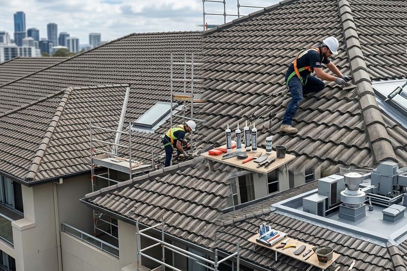 Concrete tile roof being coated
