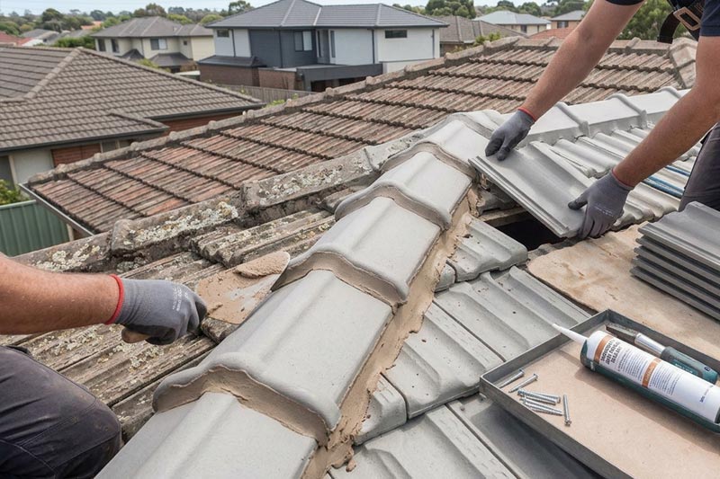 Concrete tile roof being coated
