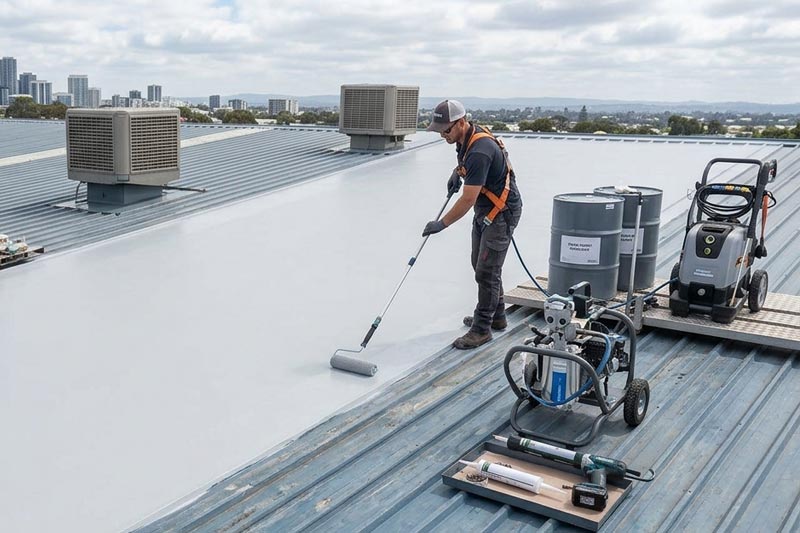 Concrete tile roof being coated