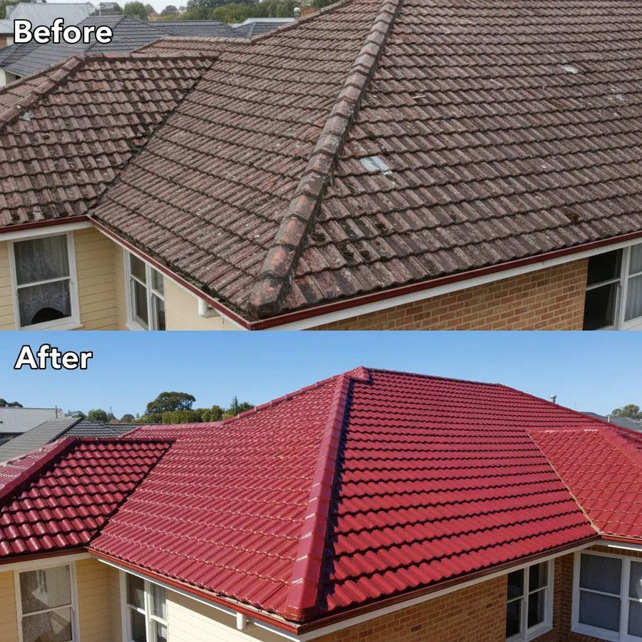 Before and after comparison of a Goshen roof restoration