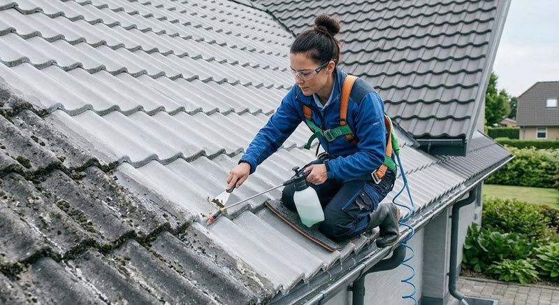 Goshen crew working on a tile roof